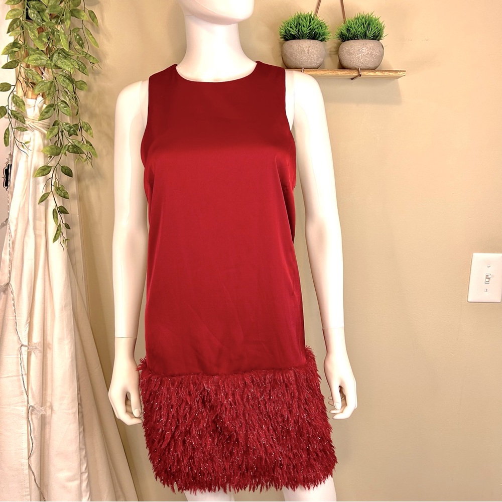 Entro Fringe Feathered Red Mini Shift Dress